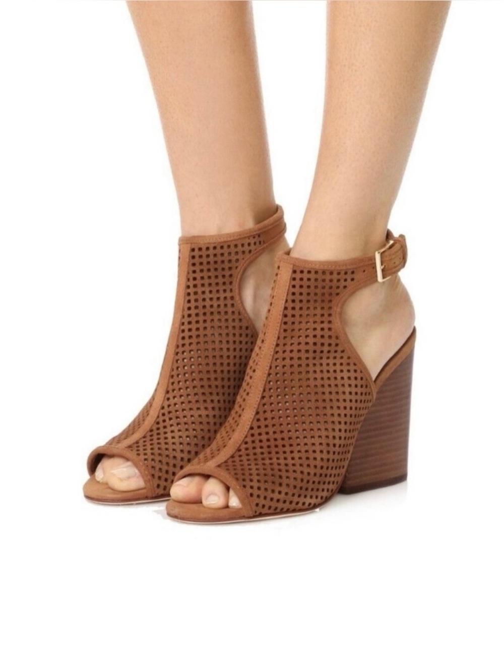 Tory Burch Jesse tan suede Perforated peep-toe block heels in Royal Tan